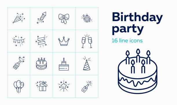 Birthday party line icon set. Decoration, cake with candles Birthday party line icon set. Decoration, cake with candles, champagne. Celebration concept. Can be used for topics like wedding, surprise, holiday, anniversary anniversary icons stock illustrations