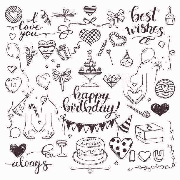 Birthday party, love, wedding doodle style vector illustration clipart isolated on white background. Hand drawn elements for festive flyer, poster, banner, invitation design templates. Birthday party doodles and love confession symbols. Artistic collection of hand drawn birthday and wedding festive attributes. Vector design elements, lettering, heart, cake, decoration isolated on white background. birthday clipart stock illustrations