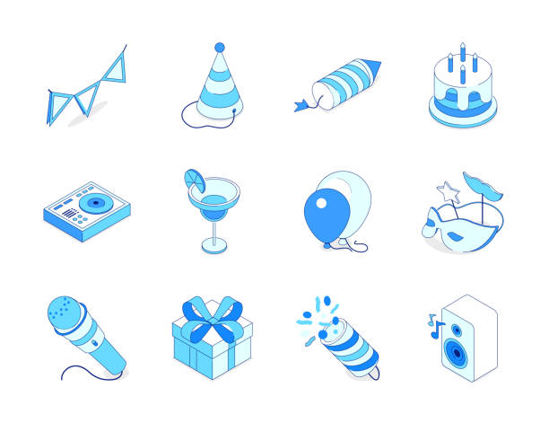 Birthday party - modern line isometric icons set vector art illustration