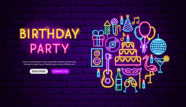 Birthday Party Neon Banner Design Birthday Party Neon Banner Design. Vector Illustration of Celebration Promotion. birthday illustrations stock illustrations