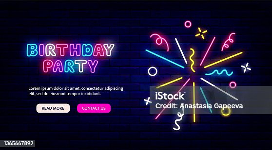 istock Birthday party neon greeting card. Firework with confetti and streamers. Landing page template. Vector illustration 1365667892