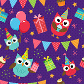 Vector birthday party background with cute owls