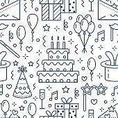 Birthday party seamless pattern, flat line illustration. Vector icons of event agency, wedding organization - cake, balloons, gifts, invitation, kids entertainment. Cute repeated background.