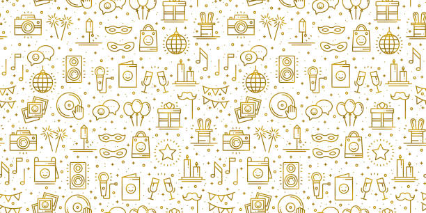 Birthday party seamless pattern in gold. Party decor elements: birthday cake, gift, confetti. Festive, event, entertainment, fun, carnival theme. Golden texture. Vector illustration. Line background. Birthday party seamless pattern in gold. Party decor elements: birthday cake, gift, confetti. Festive, event, entertainment, fun, carnival theme. Golden texture. Vector illustration. Line background birthday patterns stock illustrations