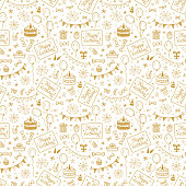 Birthday Party Seamless Pattern with Hand Drawn Doodle Birthday Cake, Sweets, Bunting Flag, Balloons, Gift Box and other Party Supplies. Celebratory background. Golden Holiday Wallpaper.