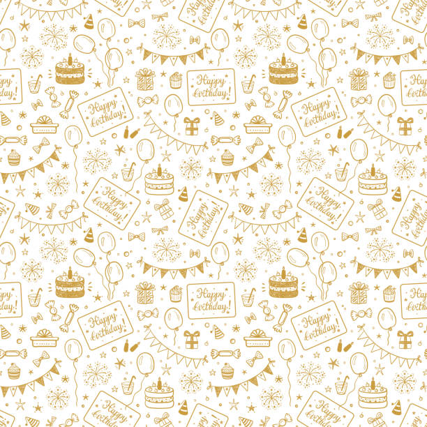 Birthday Party Seamless Pattern with Hand Drawn Doodle Birthday Cake, Sweets, Bunting Flag, Balloons, Gift Box and other Party Supplies. Celebratory background. Golden Holiday Wallpaper. Birthday Party Seamless Pattern with Hand Drawn Doodle Birthday Cake, Sweets, Bunting Flag, Balloons, Gift Box and other Party Supplies. Celebratory background. Golden Holiday Wallpaper. birthday symbols stock illustrations
