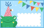 Birthday party template with cute animal. Anniversary greeting and placement card or invitation with frog and flags on blue background. Bright pre-made holiday event design for kids.