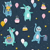 Seamless pattern of cute animals at a birthday party on a blue background. Cartoon character. Balloons, cakes, gift boxes and other holiday symbols.  Funny wrapping paper, kid textile, background design