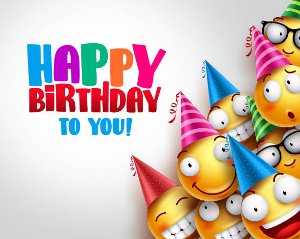 Birthday smileys vector background design with yellow funny and happy emoticons wearing colorful party hats and happy birthday text in empty white background. Vector illustration.  humorous happy birthday images stock illustrations