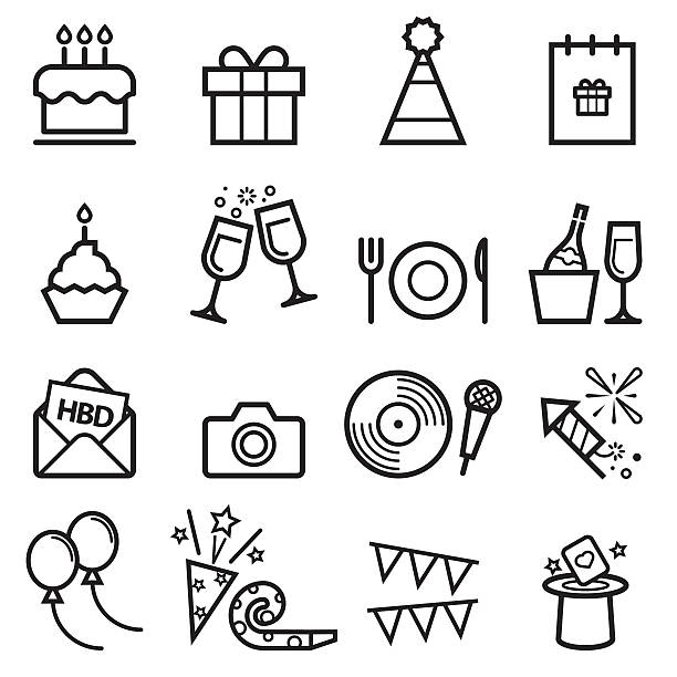 Birthday Thin Line Icons Birthday Thin Line Icons happy birthday wine bottle stock illustrations