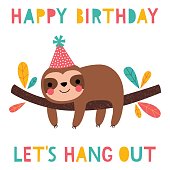 Birthday vector card with a cute sloth