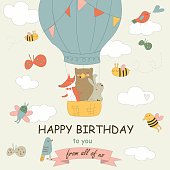 Birthday card with cute forest animals on air ballon, clouds, bees and butterflies in cartoon style