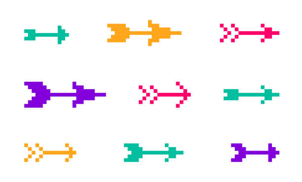 8 Bit pixel tribal arrows vector set of icons, collection of arrow from bow direction cursors in old PC or gaming console style, single color symbols for logos. vector art illustration