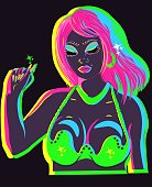 'Bitch please' card illustration of a draq queen with dramatic makeup under neon lights. Performer wearing a party and festival outfit posing for the camera.