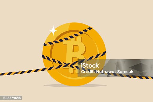 istock Bitcoin crypto currency banned, government monetary policy, Cryptocurrency crash or digital crime investigation concept, precious high value bitcoin wrap with investigation crime scene yellow tape. 1348374648