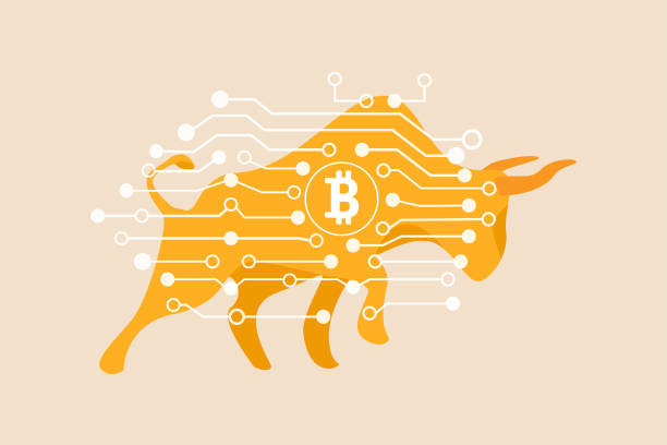 Bitcoin crypto currency bull market, cryptocurrency soaring hit new high record concept, golden bull with digital electronic graphic for new technology blockchain currency.  bitcoin stock illustrations