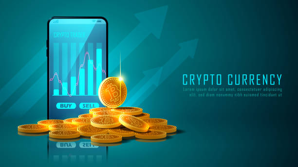 동전과 스마트 폰의 더미와 비트 코인 암호 화폐 - cryptocurrency stock illustrations