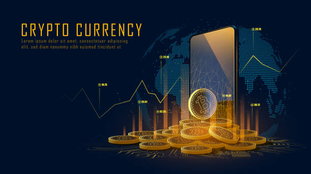 동전 더미와 비트 코인 암호 화폐는 스마트 폰에서 나온다 - cryptocurrency stock illustrations
