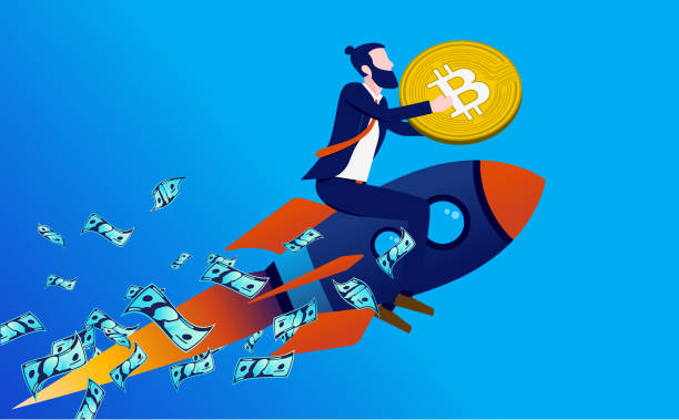 Bitcoin going up Man on rocket flying to the sky holding crypto currency in hands. Investing and profits concept. Vector illustration. bitcoin stock illustrations