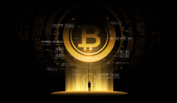 bitcoin 그림 개념입니다. 미래 디지털 돈, 기술 전세계 네트워크 개념입니다. 작은 남자는 거 대 한 미래의 홀로그램에 본다 - 암호화폐 stock illustrations