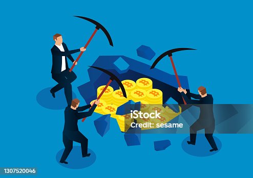 istock Bitcoin mining, three businessmen holding pickaxes to dig underground bitcoins 1307520046
