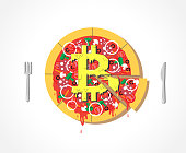 Appetizing Vector Bitcoin Pizza icon with cheese, financial system. Delicious food, fork and knife on simple white background isolated. Crypto currency hype illustration with blank space. Minimal