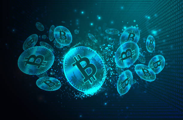 Bitcoins with Binary Code Digital Background Bitcoins in a futuristic room made from binary code. (Used clipping mask) crypto currency stock illustrations