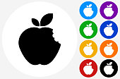 Bitten Apple Icon on Flat Color Circle Buttons. This 100% royalty free vector illustration features the main icon pictured in black inside a white circle. The alternative color options in blue, green, yellow, red, purple, indigo, orange and black are on the right of the icon and are arranged in two vertical columns.