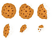 Bitten Chip Cookie with Chocolate Set Tasty, Delicious Food. Vector illustration of Sweet Snack or Homemade Dessert