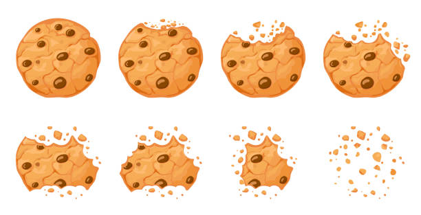 물린 초콜릿 칩 쿠키. 부스러기로 부서진 수제 갈색 비스킷을 바삭바삭하게 합니다. 만화 구운 둥근 초코 쿠키 물린 애니메이션 벡터 세트 - 바삭바삭한 stock illustrations
