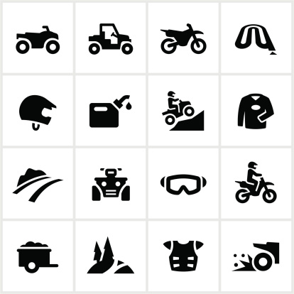 ATV, UTV and motorcycle related icons. All white strokes/shapes are cut from the icons and merged allowing the background to show through. vector