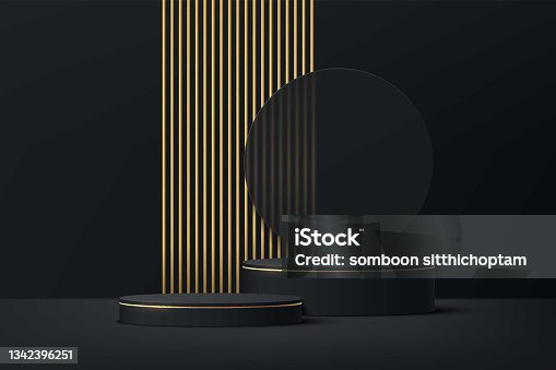 istock Black and Gold geometric pedestal podium with luxury golden pillar and circle backdrop. Vector abstract studio room with 3D platform. Minimal scene for cosmetic products. Showcase, Promotion display. 1342396251