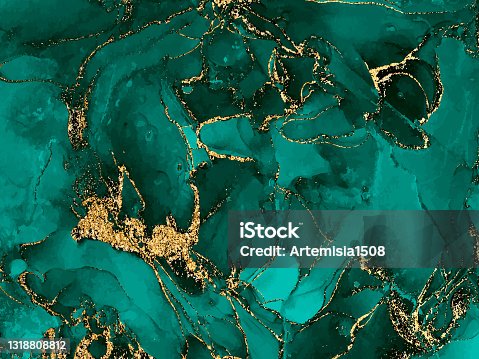 istock Black and green watercolor background with gold glitter. Watercolor alcohol ink splash, liquid flow texture paint, luxury abstract digital paper fine art pattern , malachite gemstone, wallpaper . Vector 1318808812
