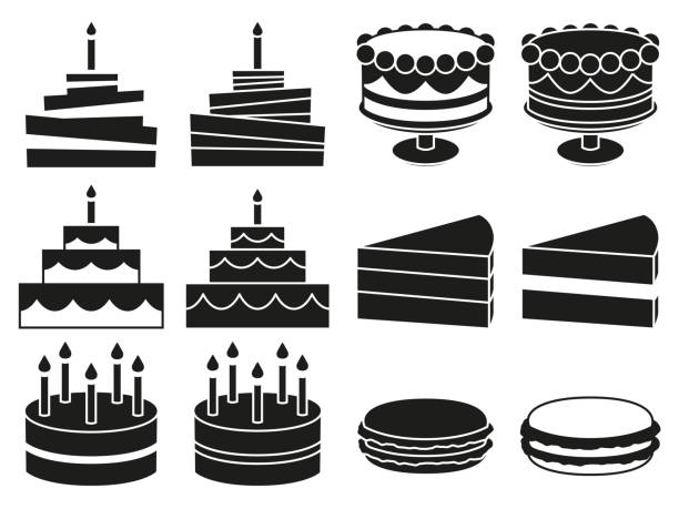 Black and white 12 desserts silhouette set Black and white 12 desserts silhouette set. Sweet food vector illustration for icon, sticker sign, patch, certificate badge, gift card, stamp logo, label, poster, web banner, flayer invitation birthday silhouettes stock illustrations