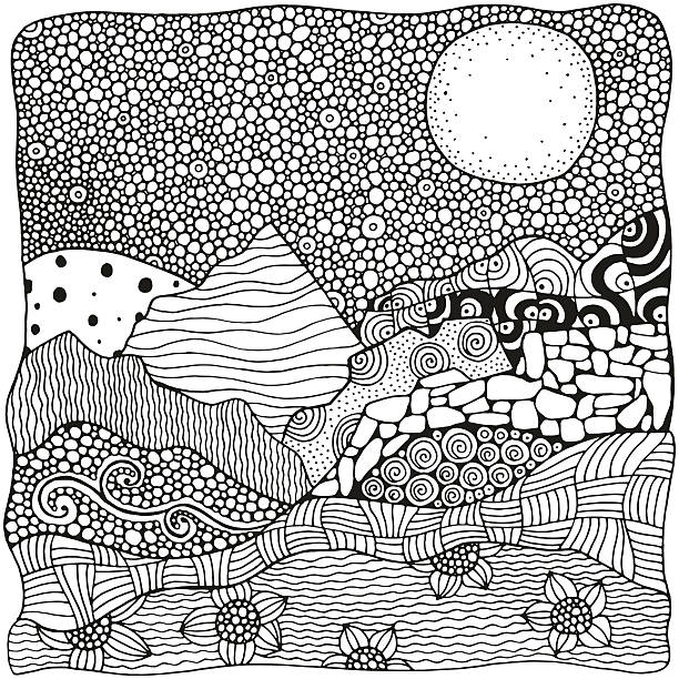 Black and white abstract fantasy picture. Moonlight, mountains. Black and white abstract fantasy picture. Moonlight, mountains. Eco theme. Pattern for coloring book. Hand-drawn, ethnic, retro, doodle, vector tribal design element.  Zen art. coloring book pages templates stock illustrations