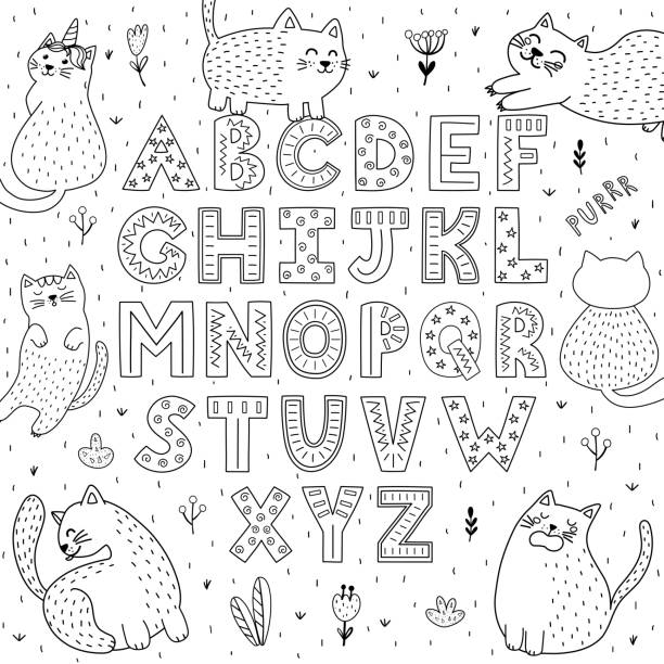 Black and white alphabet with funny cats. Abc coloring page Black and white alphabet with funny cats. Abc coloring page. Vector illustration cute cat coloring pages stock illustrations
