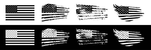 Black and white American flag in grunge style set. Vintage rough textured design vector illustration. Monochrome stripes and stars sketches of USA. Creative national symbol icons Black and white American flag in grunge style set. Vintage rough textured design vector illustration. Monochrome stripes and stars sketches of USA. Creative national symbol icons. distressed american flag stock illustrations