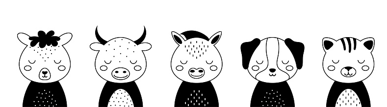 Black and white animals set of alpaca, bull, donkey, dog, cat. Cute animals in scandinavian style. Desing for kids t-shirts, wear, nursery decoration, greeting cards. Vector illustration.