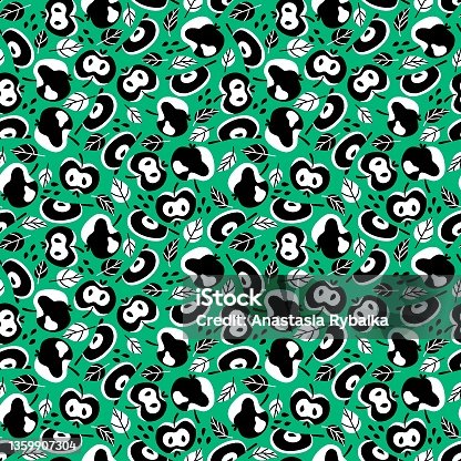 istock Black and white apples with seeds and leaves on sea-green background seamless pattern vector 1359907304