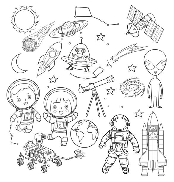 ilustrações de stock, clip art, desenhos animados e ícones de black and white astronaut and space objects - moon b&w