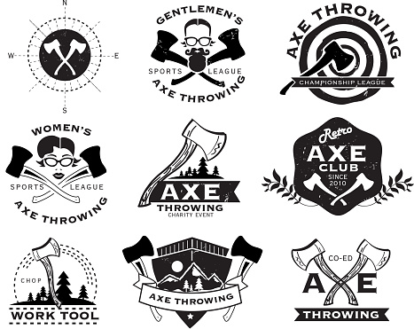 Black and white Axe Throwing set of labels or badges