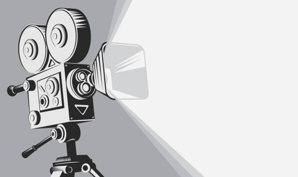 black and white backdrop with vintage movie camera Vector black and white background with lighting old fashioned movie camera on the tripod. Can used for banner, poster, web page, background movie camera illustrations stock illustrations
