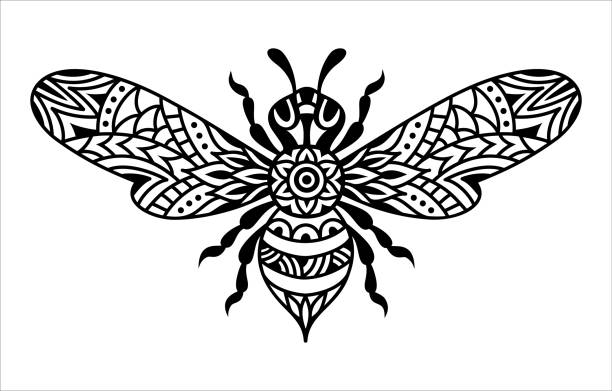 Black and white bee silhouette. Bumblebee mandala. Zentangle vector illustration. Bee mandala. Vector silhouette illustration. Monochrome zentangle bumblebee. Linear art symbol. Vintage insect. bee silhouettes stock illustrations