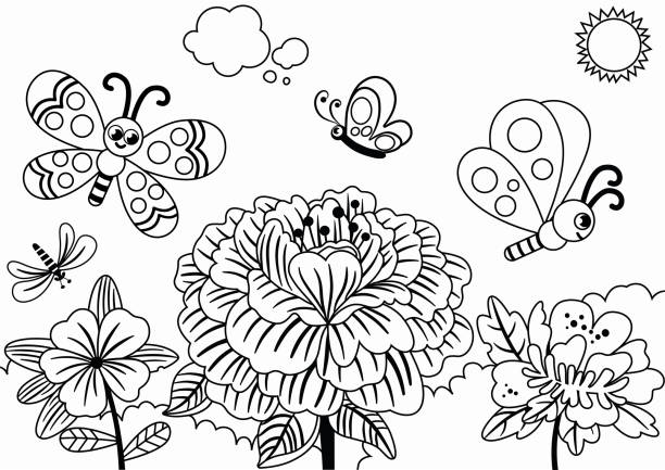 Black and White Butterflies and Flowers Happy Butterflies Flying Over The Flowers in Springtime. Black and White. Vector Illustration. butterfly coloring stock illustrations