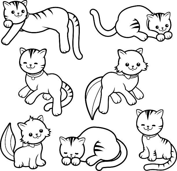 Black and white cartoon cats Black and white cartoon cats collection. Vector illustration cute cat coloring pages stock illustrations