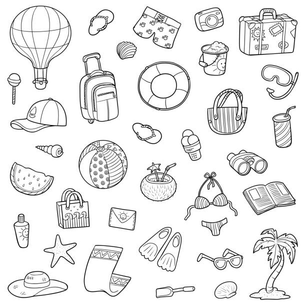 Black and white cartoon set of summer objects Black and white set of summer objects, vector cartoon collection beach clipart stock illustrations