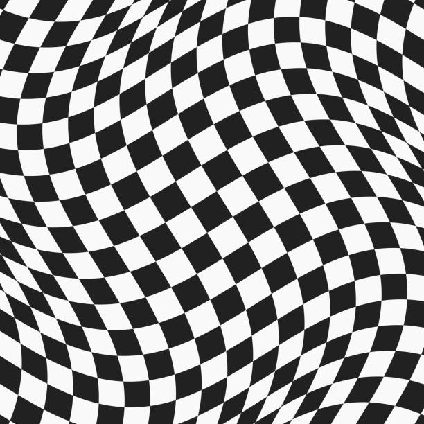 black and white checkered wavy surface black and white checkered wavy surface. abstract distorted plane with square tiles. vector background chess designs stock illustrations