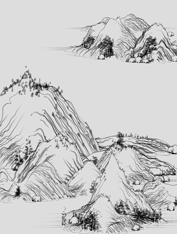 black and white Chinese mountain water landscape painting illustration