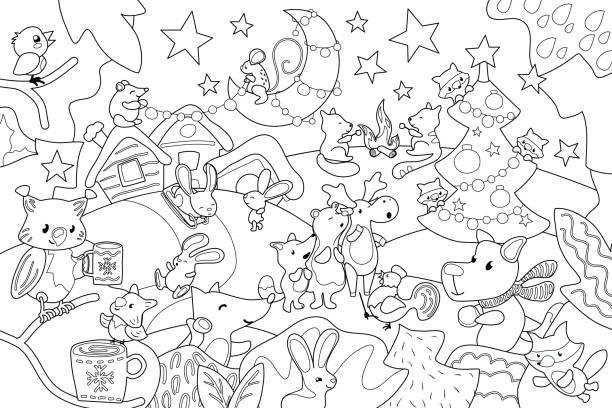 Black and white Christmas night scene with cute animal and firtree. Children coloring page with Christmas celebration Black and white Christmas night scene with cute animal and firtree. Children coloring page with Christmas celebration. New Year handmade postcard. Winter holiday activity. X-mas card coloring outline christmas coloring stock illustrations