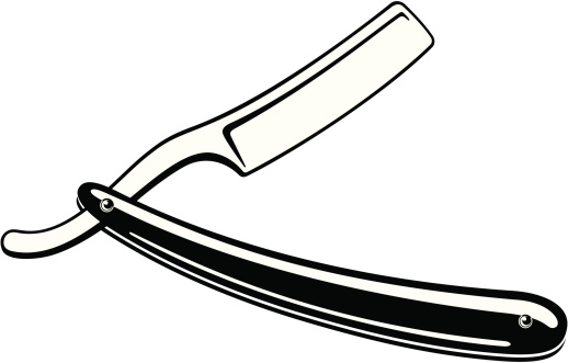 A black and white clip art image of a straight razor